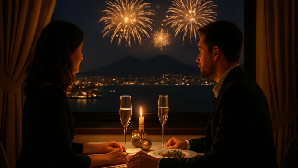 Coppia durante una cena romantica di Capodanno
