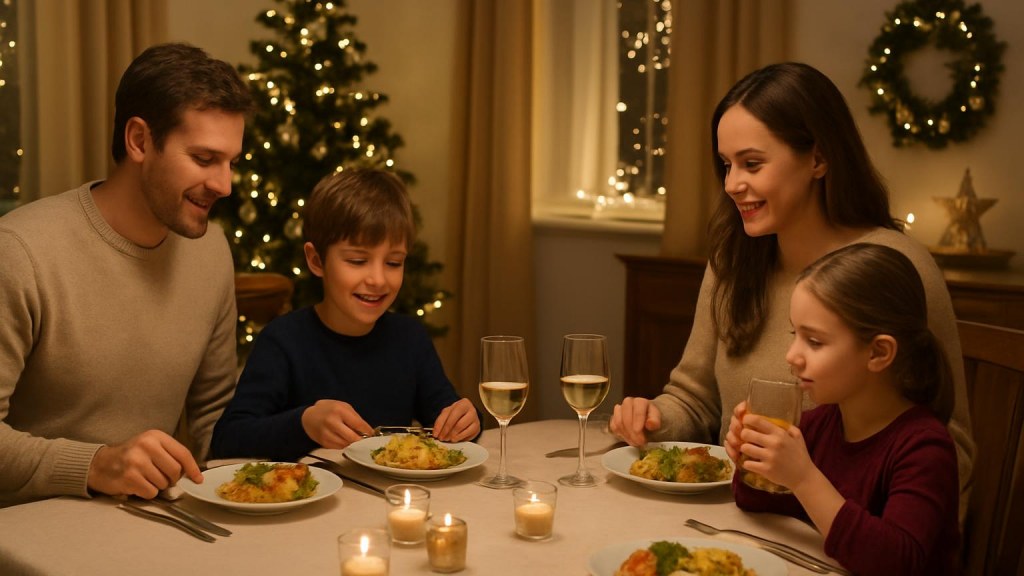 Famiglia con bambini in ambiente accogliente per Capodanno